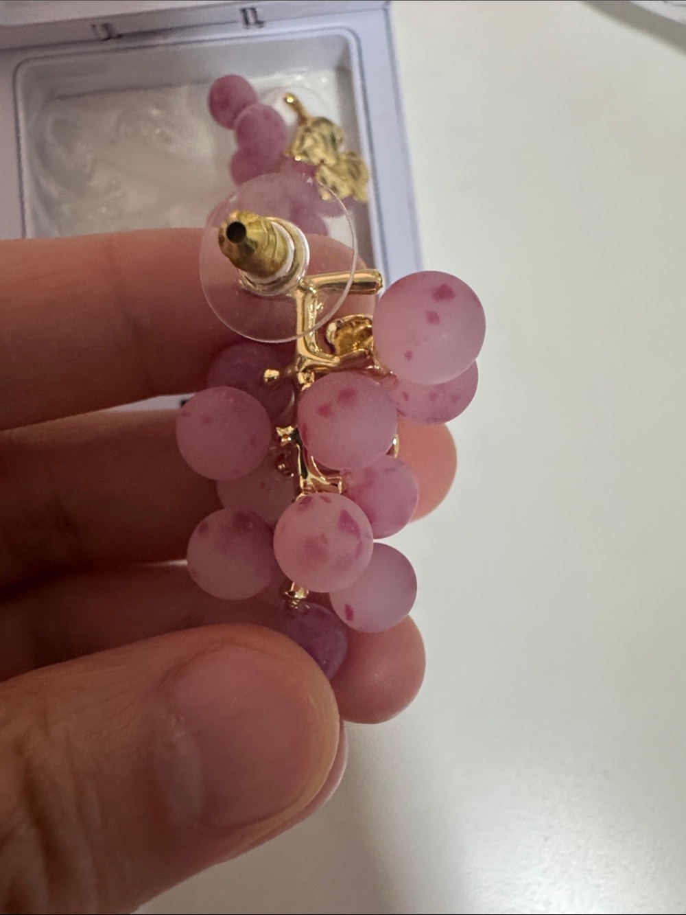 Gold Leaf Pink Grape Cluster Earrings - Women Jewelry - Picture 4 of 6